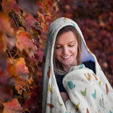 Colorful Chicken and Rooster Printed Hooded Blanket with Sewn In Mittens