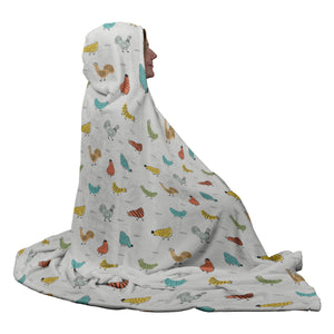 Colorful Chicken and Rooster Printed Hooded Blanket with Sewn In Mittens