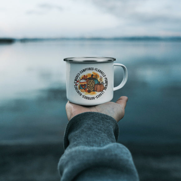 Fall Themed Camping Mug 12 oz, Autumn, Pumpkin, Hayrides, Pumpkins, Fall Campfire, Smores