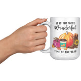 It's the Most Wonderful Time of the Year Fall Autumn Leopard Print Pumpkin Boots 15 Oz Mug
