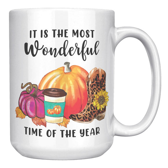 It's the Most Wonderful Time of the Year Fall Autumn Leopard Print Pumpkin Boots 15 Oz Mug