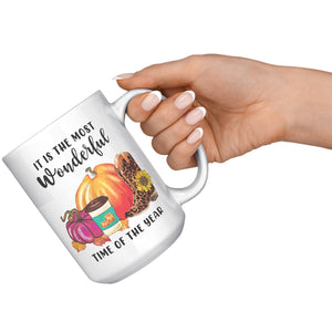 It's the Most Wonderful Time of the Year Fall Autumn Leopard Print Pumpkin Boots 15 Oz Mug