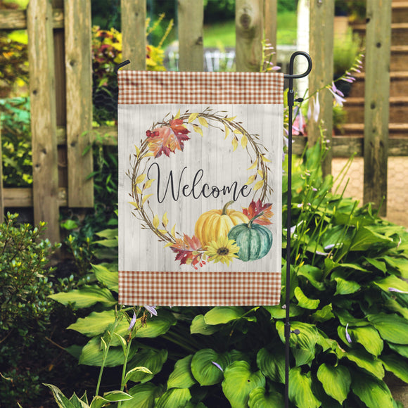 Welcome Fall Garden Flag with Fall Buffalo Plaid